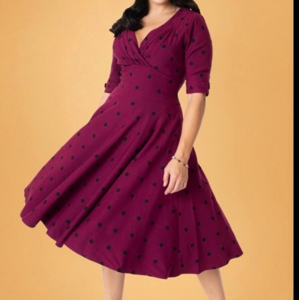 NWOT Delores 1950s vintage appeal with black printed polka dots on magenta